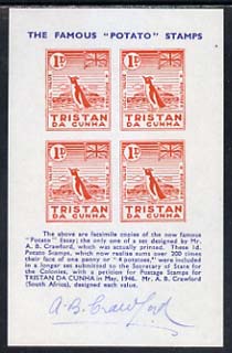 Tristan da Cunha - reprint sheetlet containing block of 4 Potato essays (1d value = 4 potatoes featuring a penguin) with historical text, signed by A B Crawford, the desi..., stamps on penguins, stamps on cinderella