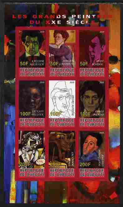 Djibouti 2010 Great Artists of the 20th Century imperf sheetlet containing 9 values unmounted mint, stamps on personalities, stamps on arts, stamps on picasso, stamps on warhal, stamps on pollock, stamps on chagall, stamps on dali, stamps on modigliani