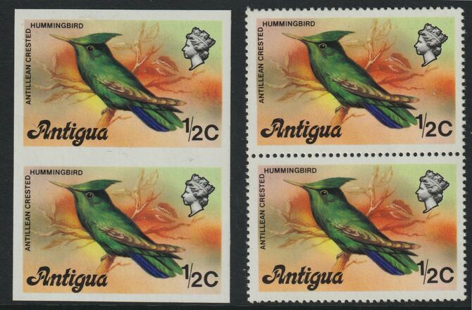 Antigua 1976 Crested Hummingbird 1/2c (without imprint) unmounted mint imperforate pair plus normal pair (SG 469Avar), stamps on birds, stamps on hummingbirds