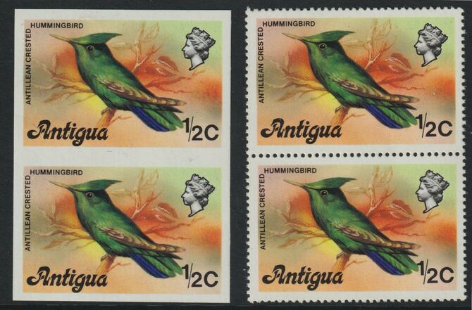 Antigua 1976 Crested Hummingbird 1/2c (without imprint) unmounted mint imperforate pair plus normal pair (SG 469Avar), stamps on , stamps on  stamps on birds, stamps on hummingbirds