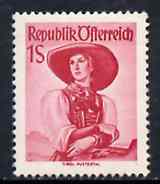 Austria 1948-51 Provincial Costumes 1s red (key value) unmounted mint SG 1126, Mi 911 , stamps on costumes