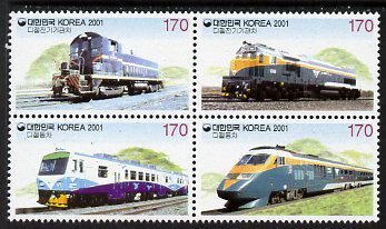 South Korea 2001 Railways 2nd Series se-tenant block of 4 unmounted mint, SG 2477a, stamps on railways
