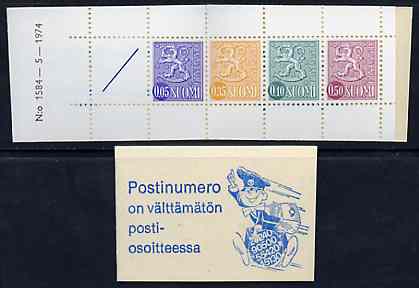 Finland 1974 Lion (National Arms) 1m booklet (blue & white cover) complete and pristine, SG SB11m, stamps on , stamps on  stamps on lion    cats    arms, stamps on  stamps on heraldry    postman