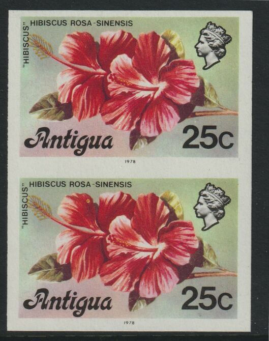 Antigua 1976 Hibiscus 25c (with imprint) unmounted mint imperforate pair (as SG 479B), stamps on flowers