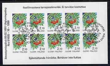 Finland 1991 Provincial Plants (Rowan) 2m10 self-adhesive in complete sheetlet of 10 with first day commemorative cancel, SG 1206, stamps on trees    fruit     self adhesive     