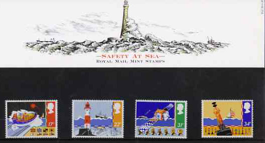 Great Britain 1985 Safety at Sea set of 4 in official presentation pack, SG 1286-89, stamps on rescue, stamps on lighthouses, stamps on shipping, stamps on satellites