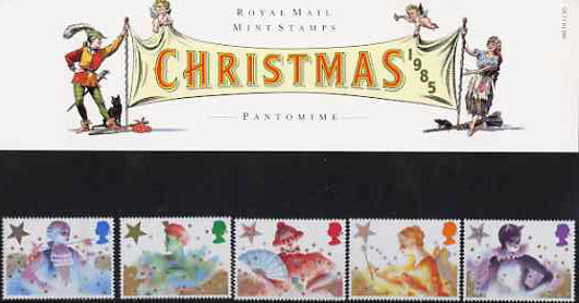 Great Britain 1985 Christmas - Pantomime Characters set of 5 in official presentation pack SG 1303-07, stamps on entertainments, stamps on theatre, stamps on christmas, stamps on cats, stamps on fans