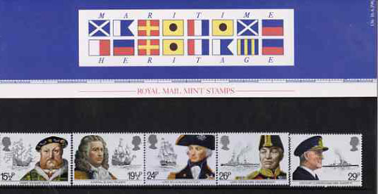 Great Britain 1982 Maritime Heritage set of 5 in official presentation pack SG 1187-91, stamps on , stamps on  stamps on ships, stamps on explorers, stamps on nelson, stamps on blake, stamps on  stamps on slania