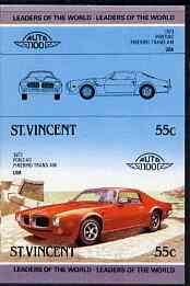 St Vincent 1985 Cars #3 (Leaders of the World) 55c Pontiac Firebird (1973) unmounted mint imperf se-tenant pair (as SG 864a), stamps on cars, stamps on pontiac