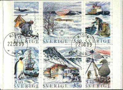 Sweden 1989 Swedish Academy of Sciences (Polar Research) 19k80 booklet complete with first day cancels, SG SB419, stamps on polar    maps    science    walrus    ships    penguin     helicopter    skua       aviation    weather