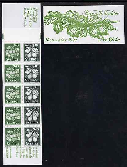 Sweden 1993 Fruits 24k booklet complete and pristine, SG SB457, stamps on fruit    food    gooseberries    pears