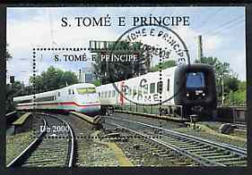 St Thomas & Prince Islands 1997 Locomotives perf miniature sheet #1 cto used, stamps on railways