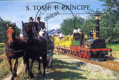 St Thomas & Prince Islands 1996 Locomotives perf miniature sheet #2 cto used, stamps on railways    horses