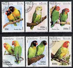Laos 1997 Lovebirds complete set of 6 values cto used, SG 1550-55, stamps on birds, stamps on parrots, stamps on lovebirds
