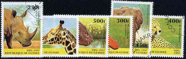 Guinea - Conakry 1997 Wild Animals complete set of 6 values cto used, stamps on , stamps on  stamps on animals     cats     elephant      rhino   cheetah      giraffe