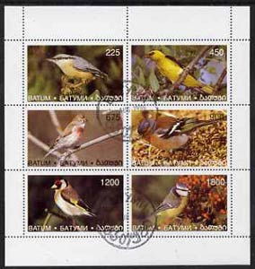 Batum 1996 Wild Birds perf sheetlet containing set of 6 values cto used, stamps on , stamps on  stamps on birds, stamps on nuthatch, stamps on goldfinch, stamps on chaffinch, stamps on linnet, stamps on blue tit