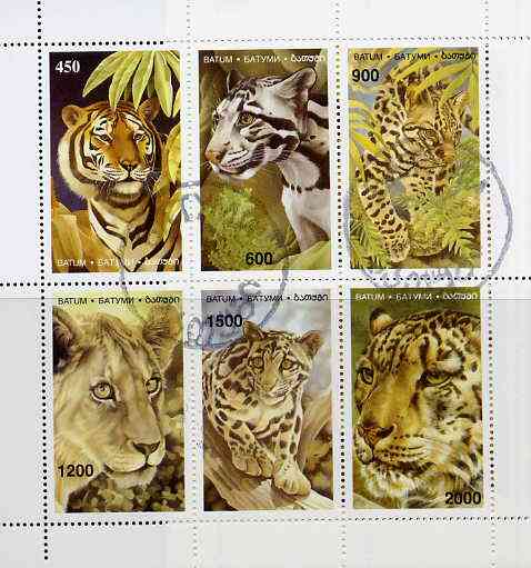 Batum 1996 Big Cats sheetlet containing complete set of 6 values cto used, stamps on , stamps on  stamps on cats      animals