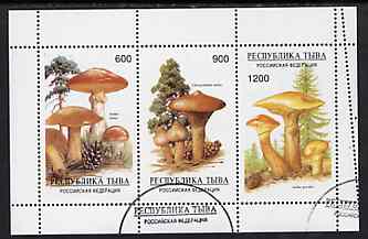 Touva 1997 Mushrooms perf sheetlet containing complete set of 3 values cto used