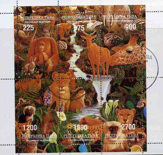 Touva 1996 Wild Animals Composite sheetlet containing complete set of 6 values cto used, stamps on , stamps on  stamps on animals, stamps on  stamps on waterfalls, stamps on  stamps on ferns