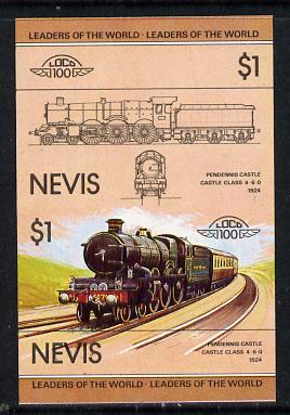 Nevis 1983 Locomotives #1 (Leaders of the World) Pendennis Castle $1 unmounted mint se-tenant imperf pair in issued colours (as SG 138a), stamps on railways, stamps on castles