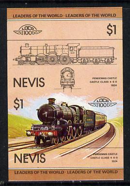 Nevis 1983 Locomotives #1 (Leaders of the World) Pendennis Castle $1 unmounted mint se-tenant imperf pair in issued colours (as SG 138a), stamps on , stamps on  stamps on railways, stamps on  stamps on castles