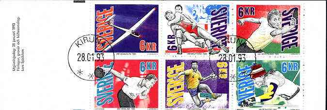 Sweden 1993 Sports Championships 36k booklet complete with first day cancels, SG SB456, stamps on , stamps on  stamps on sport, stamps on  stamps on gliders, stamps on  stamps on aviation, stamps on  stamps on bowls, stamps on  stamps on wrestling, stamps on  stamps on table tennis, stamps on  stamps on skiing, stamps on  stamps on handball