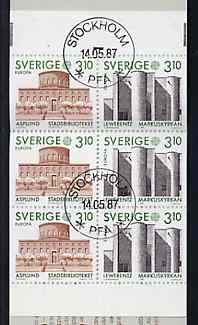 Sweden 1987 Europa 18k60 booklet (Architecture) complete with first day cancels, SG SB398, stamps on europa    architecture     libraries    churches
