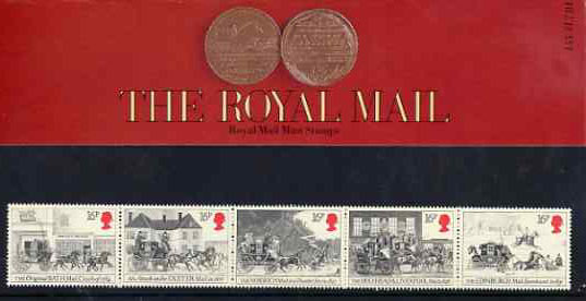 Great Britain 1984 First Mail Coach Run strip of 5 in official presentation pack SG 1258a, stamps on postal, stamps on mail coaches, stamps on slania
