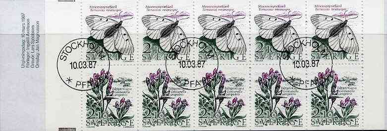 Sweden 1987 Threatened Species of Meadows 21k booklet complete with first day cancels, SG SB396, stamps on butterflies, stamps on flowers, stamps on insects, stamps on honey, stamps on bees