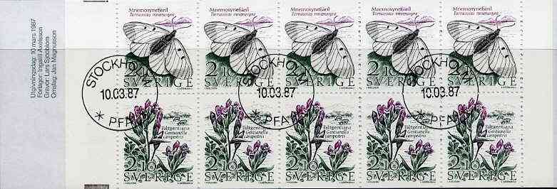 Sweden 1987 Threatened Species of Meadows 21k booklet complete with first day cancels, SG SB396, stamps on , stamps on  stamps on butterflies, stamps on flowers, stamps on insects, stamps on honey, stamps on bees