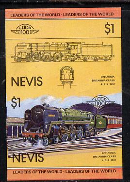 Nevis 1983 Locomotives #1 (Leaders of the World) Britannia $1 unmounted mint se-tenant imperf pair in issued colours (as SG 144a), stamps on , stamps on  stamps on railways