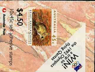 Australia 1992 Threatened Species $4.50 self-adhesive booklet complete with first day cancels (with Olympic Draw flash) SG SB78, stamps on animals    olympics    self adhesive