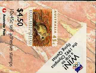 Australia 1992 Threatened Species $4.50 self-adhesive booklet complete with first day cancels (with Olympic Draw flash) SG SB78, stamps on , stamps on  stamps on animals    olympics    self adhesive