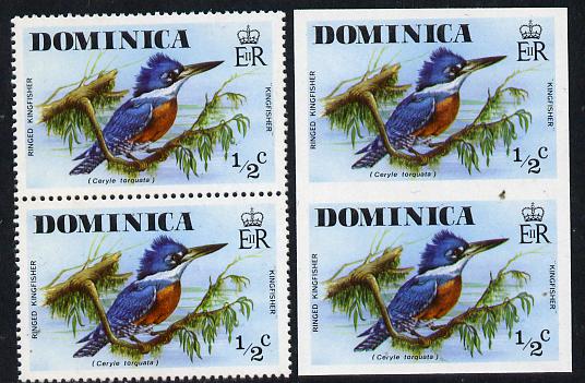 Dominica 1978 Ringed Kingfisher 1/2c in imperf pair plus normal pair unmounted mint, SG 523var, stamps on birds, stamps on kingfisher
