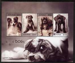 Guyana 2007 Dogs perf sheetlet of 4 unmounted mint, SG 6622a, stamps on dogs, stamps on papillon, stamps on spaniel, stamps on mastiff