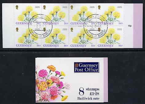 Guernsey 1993 Flowers Â£1.28 booklet complete with first day cancels, SG SB49, stamps on , stamps on  stamps on flowers     carnation