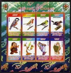 Congo 2010 Disney & Birds perf sheetlet containing 8 values with Scout Logo unmounted mint, stamps on , stamps on  stamps on disney, stamps on  stamps on films, stamps on  stamps on cinema, stamps on  stamps on movies, stamps on  stamps on cartoons, stamps on  stamps on scouts, stamps on  stamps on birds