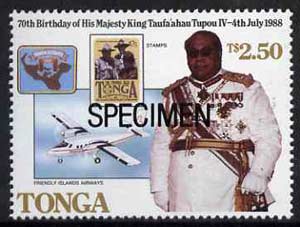 Tonga 1988 Kings 70th Birthday $2.50 optd SPECIMEN (showing Map, Scout Stamp & Aircraft) as SG 988 unmounted mint, stamps on royalty, stamps on maps, stamps on scouts, stamps on stamp on stamp, stamps on aviation, stamps on stamponstamp