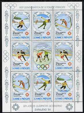 St Thomas & Prince Islands 1983 Olympic Games sheetlet containing 2 each of Downhill Skiing, Ski Jump, Speed Skating & Figure Skating plus label showing Ice Hockey, Mi 869-72 unmounted mint, stamps on olympics      sport    skiing    skating    ice hockey