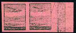 Czechoslovakia 1930 Fokker F.IXD 50h imperf pair in green on pink ungummed proof paper with very faint impression, as SG 309, stamps on aviation