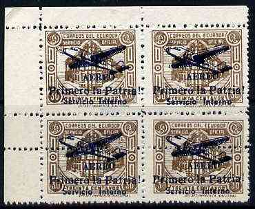 Ecuador 1930s Servicio Interno opt on 30c brown unissued Official stamp without gum with ! instead of full stop after Patria, block of 4 with extra row of horiz perfs thr..., stamps on aviation