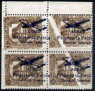 Ecuador 1930s Servicio Interno opt on 30c brown unissued Official stamp without gum with ! instead of full stop after Patria, block of 4 showing large white area due to paper fold with brown printed double & opt misplaced as a result, stamps on , stamps on stamps on aviation
