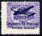 Ecuador 1930s Servicio Interno opt on 30c violet unissued Official stamp without gum with ! instead of full stop after Patria with misplaced perfs, stamps on , stamps on  stamps on aviation