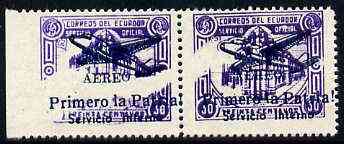 Ecuador 1930s Servicio Interno opt on 30c violet unissued Official stamp without gum with ! instead of full stop after Patria horiz pair with very large white flaw affecting both stamps, stamps on , stamps on  stamps on aviation