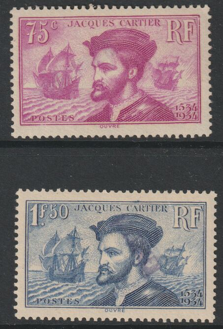 France 1934 Cartier pair without gum each with very feint SPECIMEN handstamp, applied by a Receiving Authority, extremely scarce thus, as SG 521-2, stamps on ships, stamps on explorers