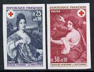 France 1968 Red Cross pair fine unmounted mint imperf singles in issued colours, Yv 1580-1, stamps on red cross