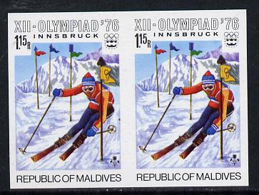 Maldive Islands 1976 Winter Olympics 1r15 (Slalom Skiing) unmounted mint imperf pair (as SG 630), stamps on sport, stamps on olympics, stamps on skiing    