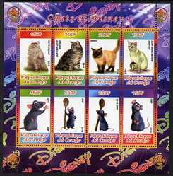 Congo 2010 Disney & Cats #2 perf sheetlet containing 8 values with Scout Logo unmounted mint, stamps on disney, stamps on films, stamps on cinema, stamps on movies, stamps on cartoons, stamps on scouts, stamps on cats, stamps on 