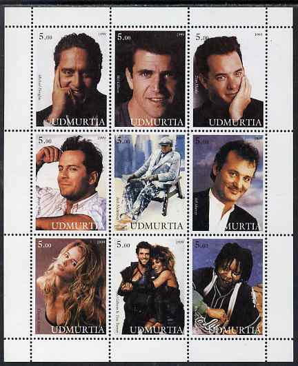 Udmurtia Republic 1999 Hollywood Actors perf sheetlet containing 9 values unmounted mint (Michael Douglas, M Gibson, Tom Hanks,, B Willis, J Nicholson, Bill Murray, Claudia Schiffer, Tina Turner & Whoopi Goldberg), stamps on personalities, stamps on films, stamps on cinema, stamps on movies