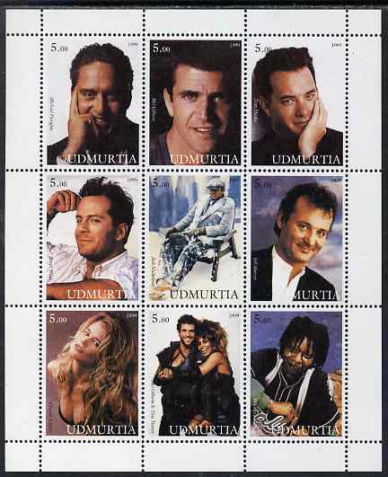 Udmurtia Republic 1999 Hollywood Actors perf sheetlet containing 9 values unmounted mint (Michael Douglas, M Gibson, Tom Hanks,, B Willis, J Nicholson, Bill Murray, Claudia Schiffer, Tina Turner & Whoopi Goldberg), stamps on , stamps on  stamps on personalities, stamps on  stamps on films, stamps on  stamps on cinema, stamps on  stamps on movies